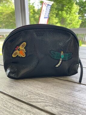 Victoria's Secret Black Textured Cosmetic Pouch with Insect Embellishments